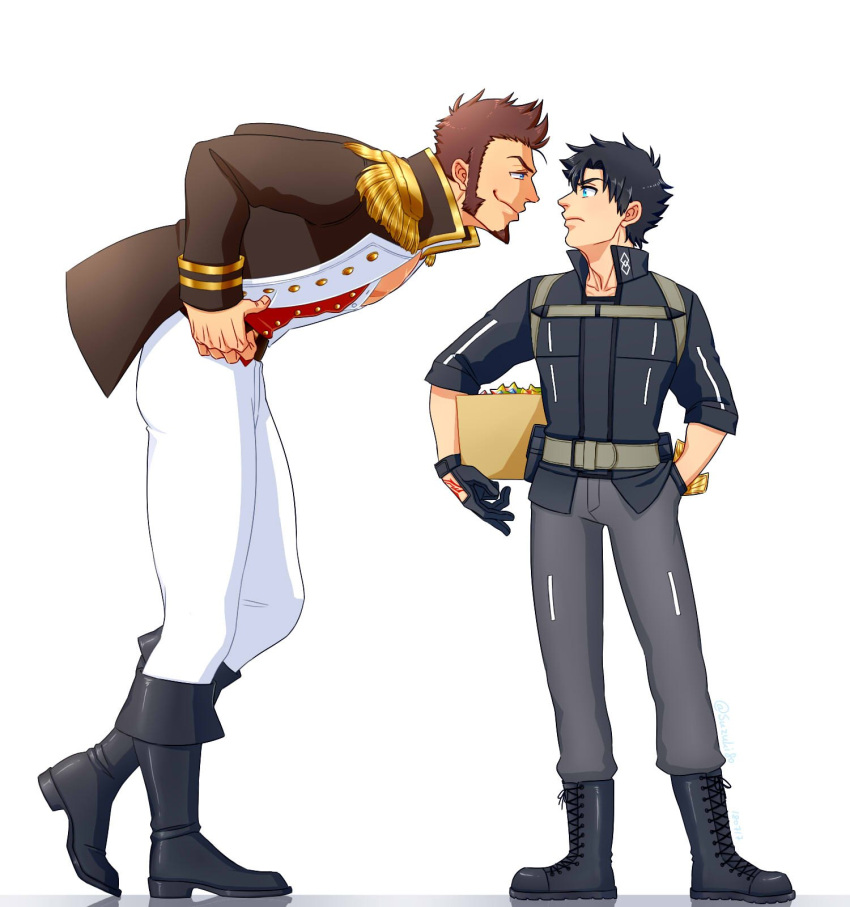 beard, black_hair, blue_eyes, boots, brown_hair, command_spell, epaulettes, facial_hair