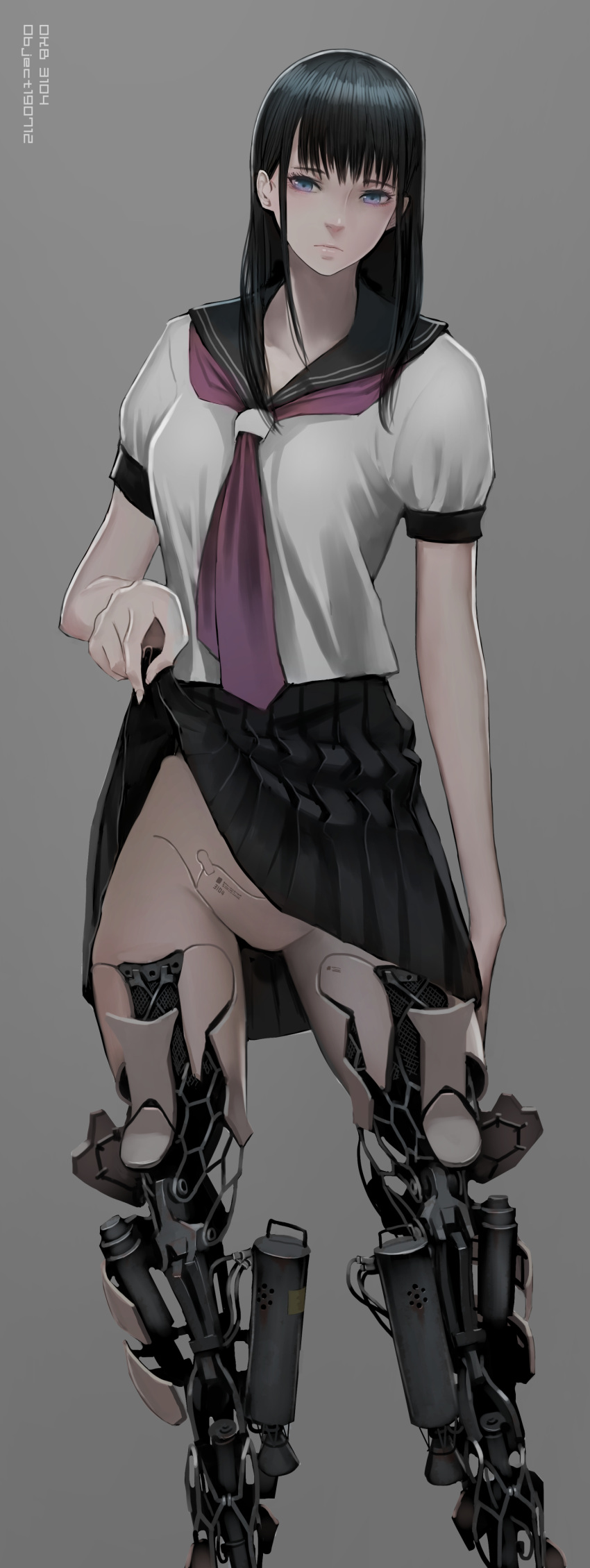1girl, absurdres, android, black_hair, black_skirt, blue_eyes, expressionless, grey_background