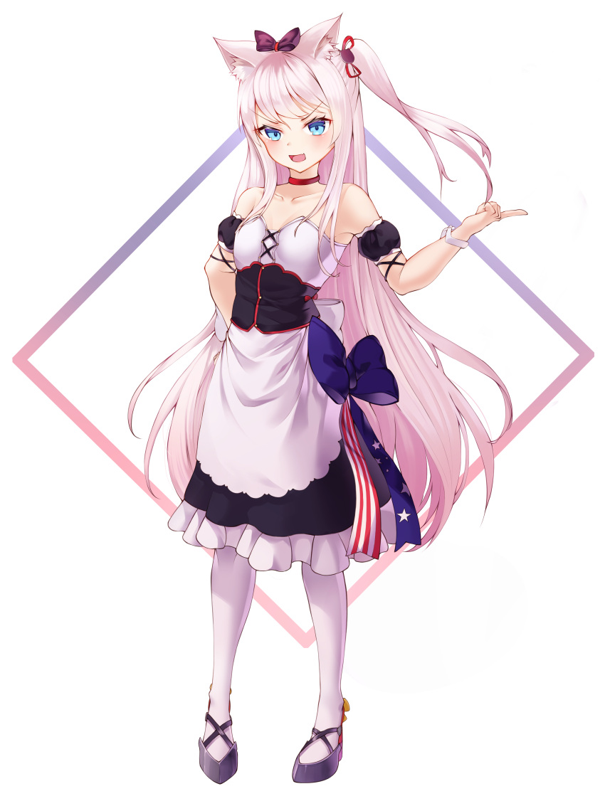 1girl, absurdres, american_flag, american_flag_print, animal_ear_fluff, animal_ears, apron, azur_lane, black_bow, black_dress, blue_eyes, bow, cat_ears, cat_girl, cat_hair_ornament, choker, detached_sleeves, dress, flag_print, frilled_apron, frills, hair_bow, hair_ornament, hammann_(azur_lane), highres, maid, mooruck4, one_side_up, puffy_short_sleeves, puffy_sleeves, red_choker, retrofit_(azur_lane), ribbon, short_sleeves, silver_hair, solo, strapless, strapless_dress, tsundere, waist_apron, white_apron, white_hair, white_legwear, wrist_cuffs