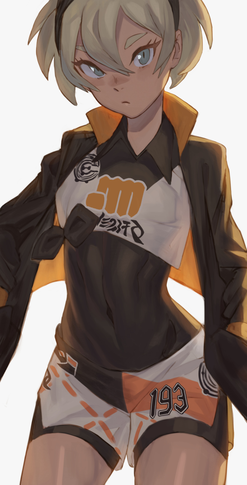 1girl, absurdres, backlighting, black_hairband, black_leotard, commentary_request, cowboy_shot, crop_top