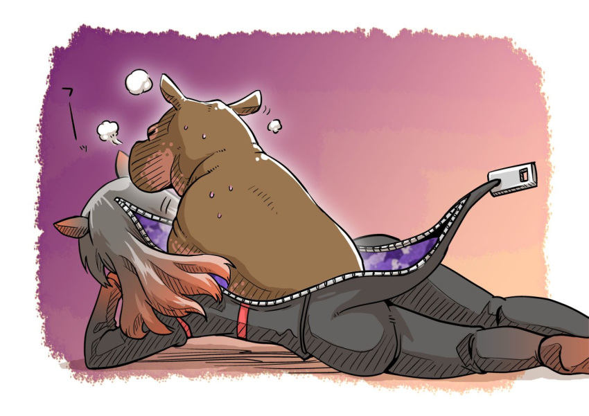 1girl, animal, animal_ears, black_hair, blush, catsuit, cosplay, hippopotamus