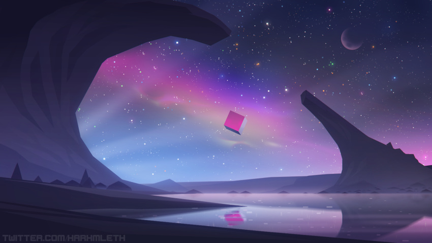 commentary, cube, desert, english_commentary, floating, floating_object, highres, landscape