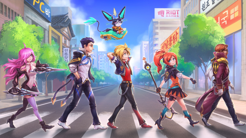 1other, 2girls, 3boys, abbey_road, ahoge, alternate_costume, ankle_boots, battle_academia_ezreal