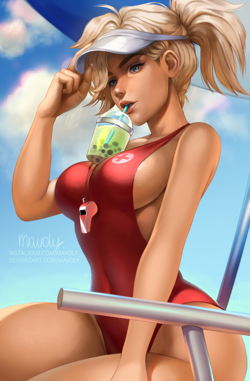 1girl, artist_name, baywatch, blonde_hair, blue_sky, breasts, bubble_tea, bubble_tea_challenge