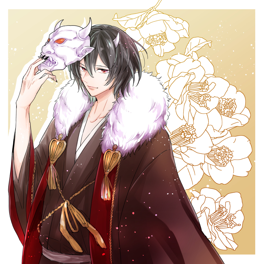 1boy, 1girl, black_hair, black_nails, floral_background, fur_trim, hand_up, holding
