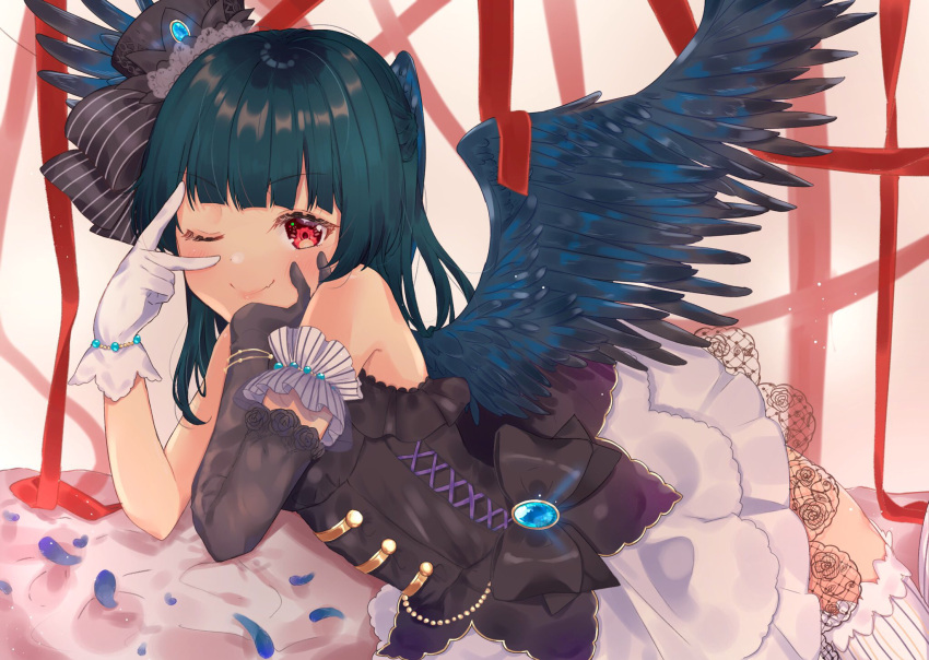 1girl, angel_wings, bangs, birthday, black_gloves, black_wings, blue_hair, commentary_request