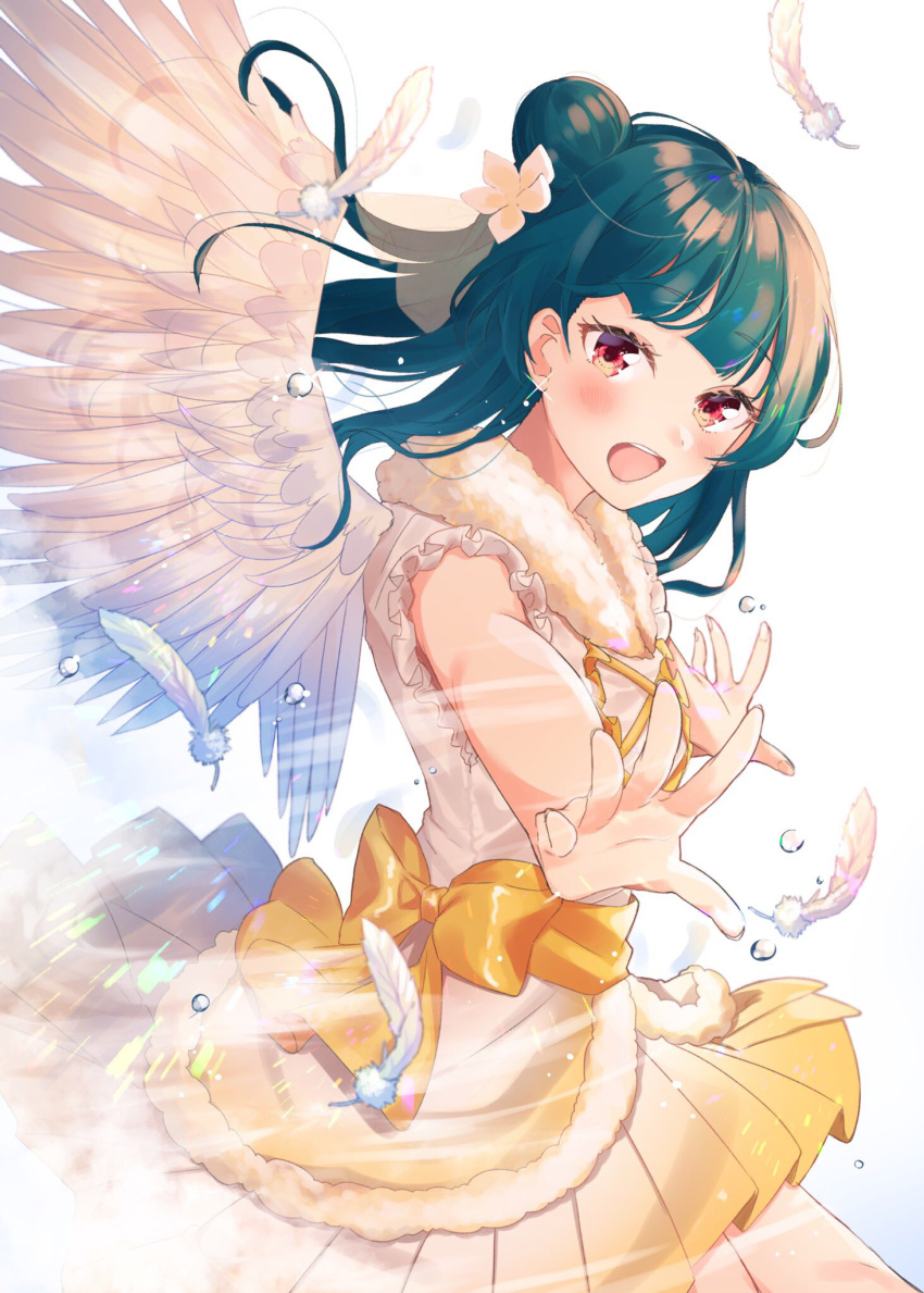 1girl, angel_wings, blue_hair, commentary_request, dress, hair_bun, highres, kobato_(youyoshi0422)