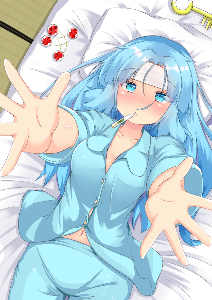 1girl, alternate_costume, alternate_hairstyle, arms_up, bangs, blue_eyes, blue_hair, blush