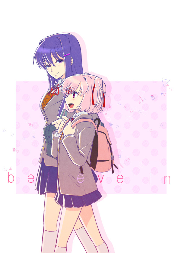 2girls, bangs, blazer, blue_skirt, doki_doki_literature_club, grey_jacket, hair_ornament, hairclip, jacket, long_hair, long_sleeves, multiple_girls, murai_shinobu, natsuki_(doki_doki_literature_club), red_ribbon, ribbon, school_uniform, short_hair, skirt, smile, yuri, yuri_(doki_doki_literature_club)