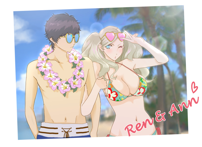1boy, 1girl, amamiya_ren, atlus, beach, bikini, black_hair, blonde_hair