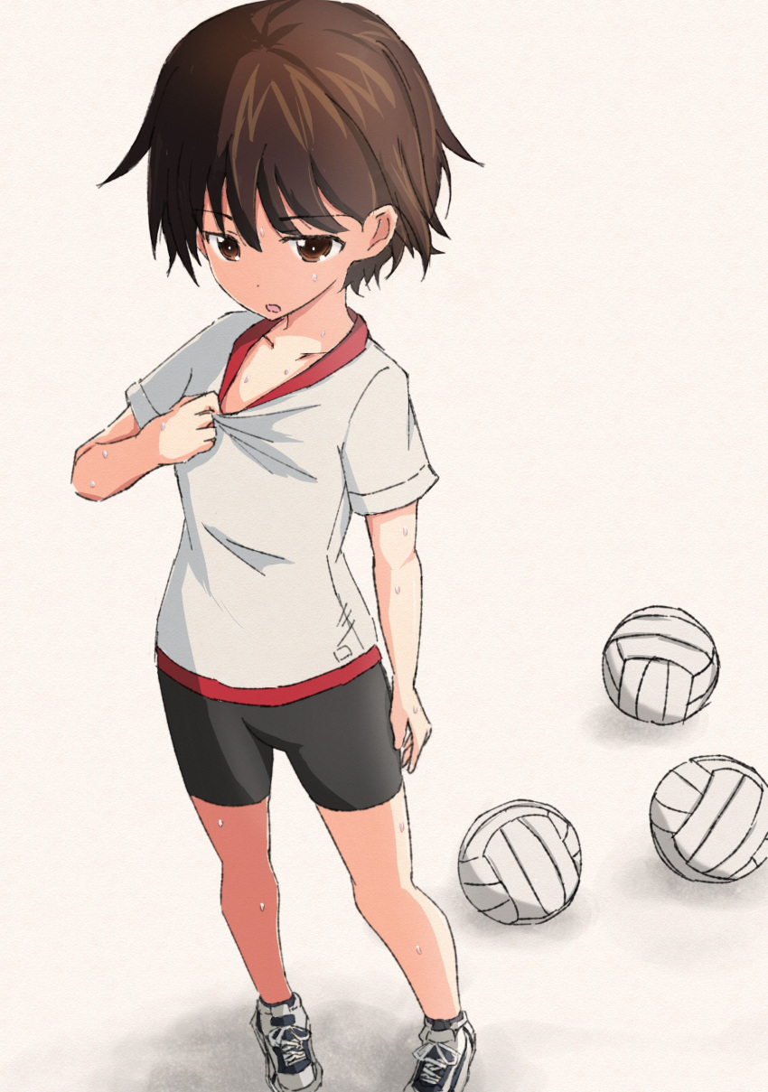 1girl, absurdres, bangs, bike_shorts, black_shorts, brown_eyes, brown_hair, collar_tug