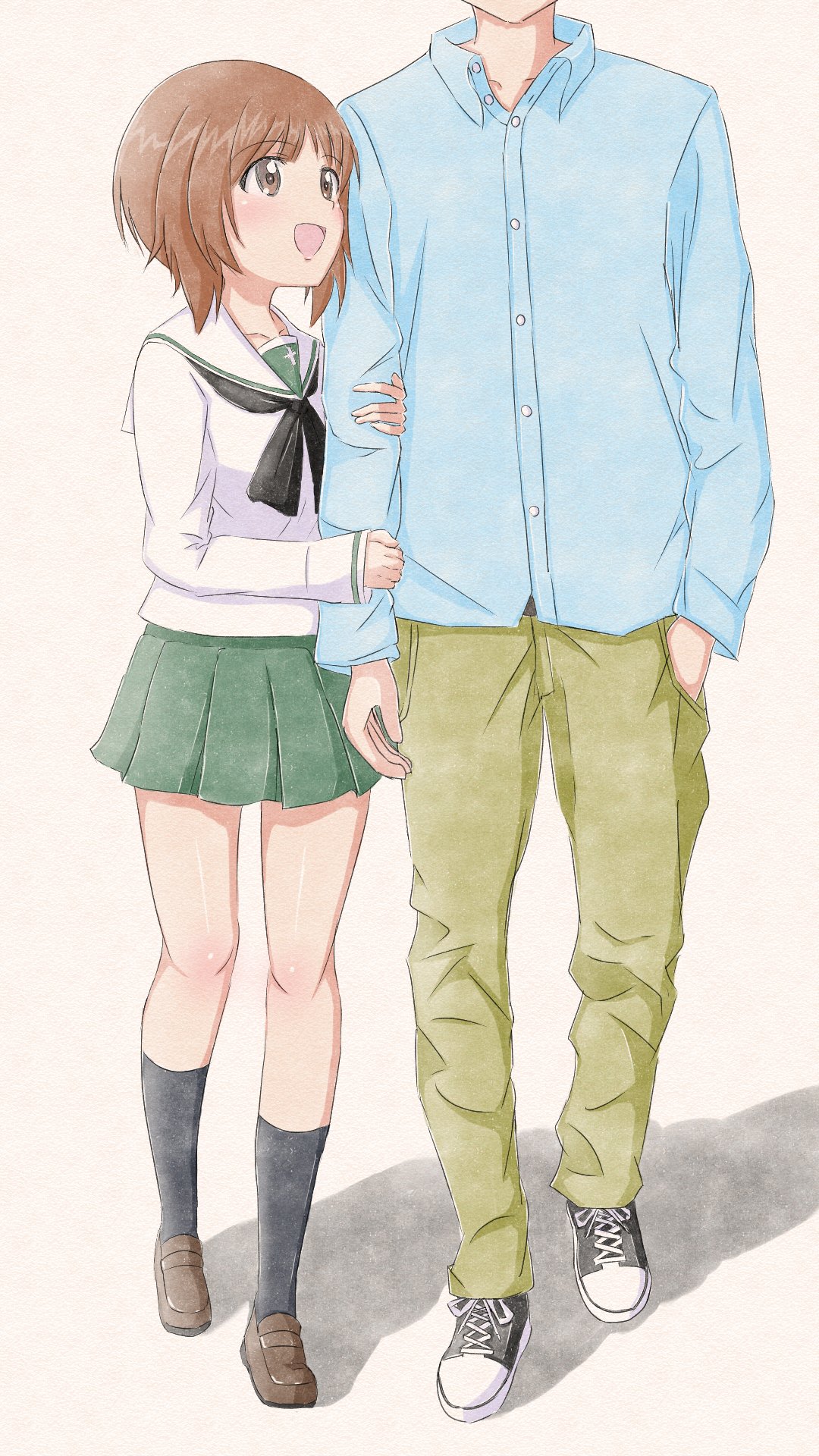 1boy, 1girl, :d, arm_grab, bangs, black_legwear, black_neckwear, blouse