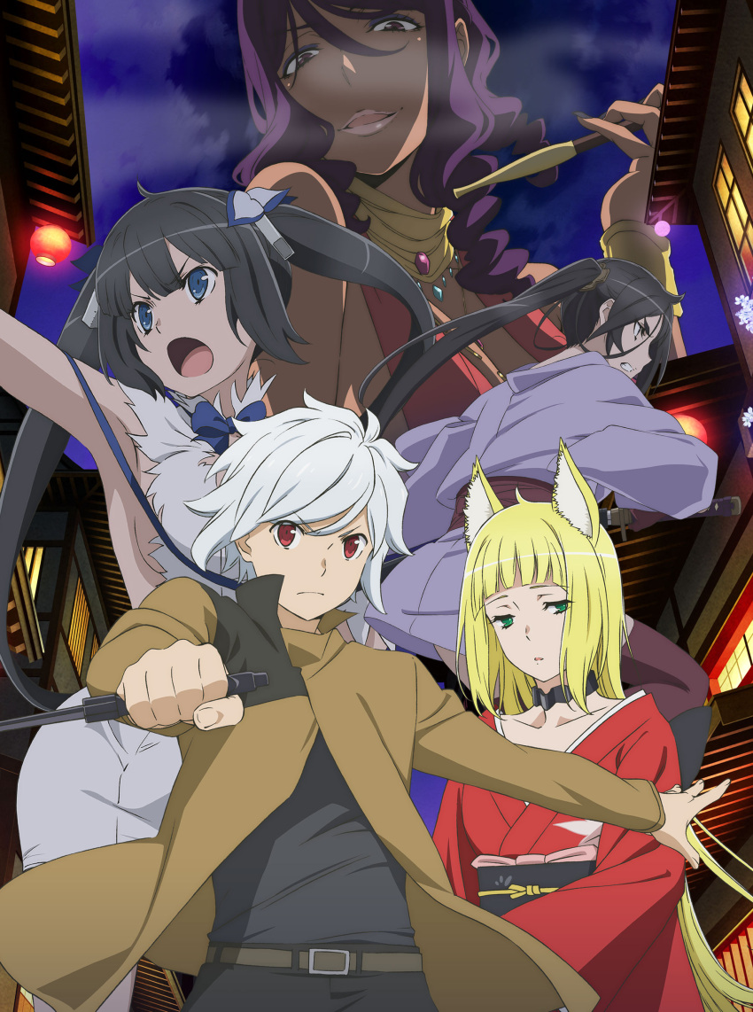 1boy, 6+girls, absurdres, bell_cranel, dungeon_ni_deai_wo_motomeru_no_wa_machigatteiru_darou_ka, hestia_(danmachi), highres, ishtar_(danmachi), mikoto_yamato, multiple_girls, official_art, sanjouno_haruhime, yamato_mikoto