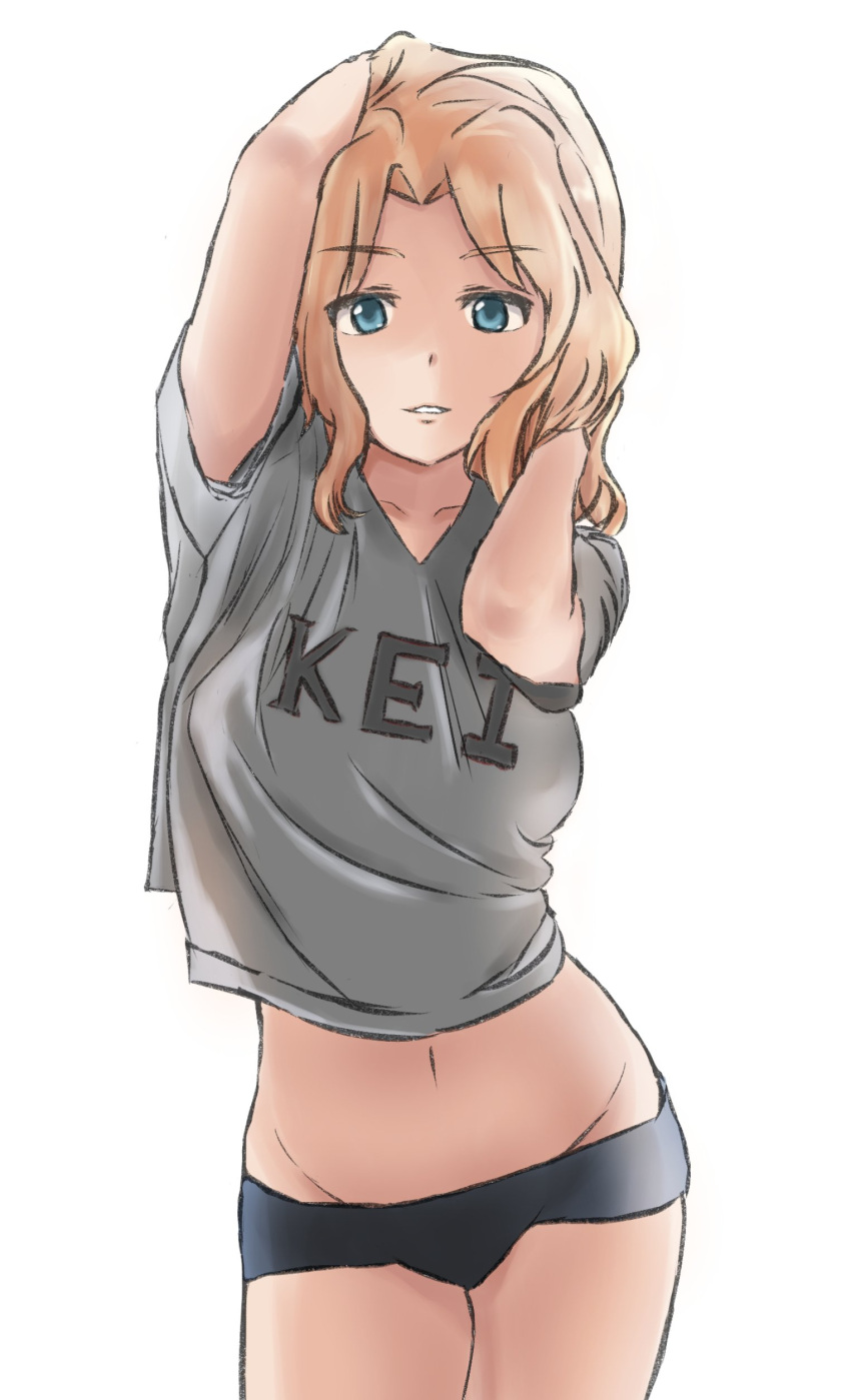 1girl, absurdres, arm_up, black_panties, blonde_hair, blue_eyes, casual, character_name, clothes_writing, commentary, cowboy_shot, eyebrows_visible_through_hair, girls_und_panzer, grey_shirt, groin, hair_intakes, hands_in_hair, highres, kay_(girls_und_panzer), light_smile, long_hair, looking_at_viewer, midriff, munisuke_(zrkt7883), navel, no_pants, panties, parted_lips, saunders_school_uniform, school_uniform, shirt, short_sleeves, simple_background, solo, standing, t-shirt, underwear, white_background