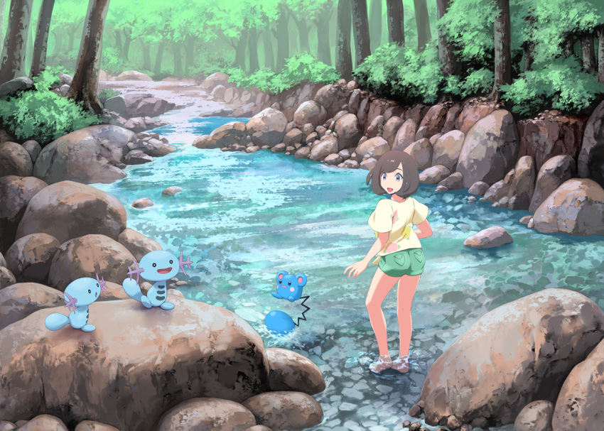1girl, azurill, bangs, barefoot, brown_hair, forest, full_body, gen_2_pokemon