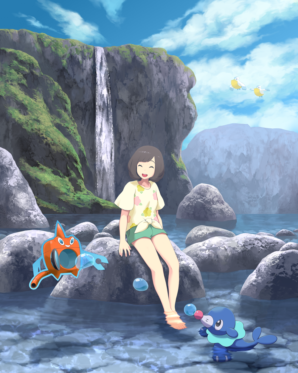 1girl, :d, bangs, barefoot, black_hair, closed_eyes, day, gen_3_pokemon
