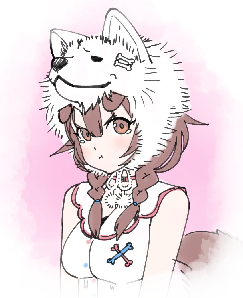 1girl, angry, animal_ears, animal_head, bone, braid, braided_tail, breasts, brown_eyes, brown_hair, buttons, dog_ears, dog_head, dog_tail, highres, hololive, inugami_korone, looking_at_viewer, oshiruko_(oshiruco_212048), pout, solo, tagme, tail, tears, upper_body, virtual_youtuber