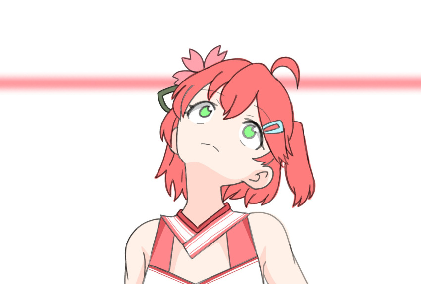 1girl, a.i._channel, ahoge, armpits, bare_shoulders, cherry_blossoms, cleavage_cutout, eyebrows_visible_through_hair