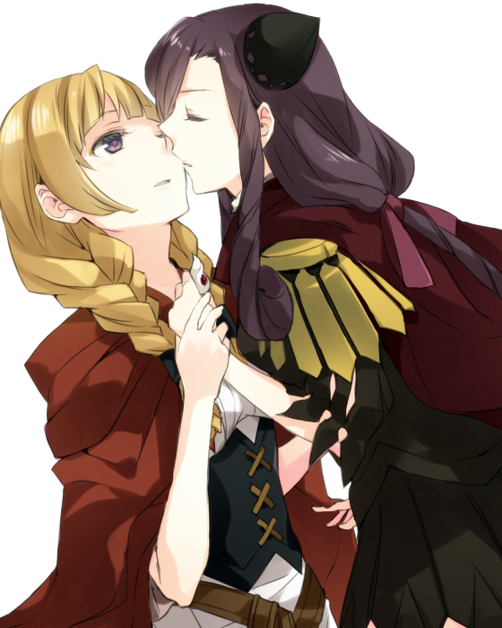 2girls, bangs, black_hair, blonde_hair, braid, brown_eyes, capelet, cloak, closed_eyes, commentary_request, corset, epaulettes, gyakuten_saiban, hair_ribbon, holding_hands, imminent_kiss, jordalla, kenao, mahoney_katalucia, multiple_girls, one_eye_closed, parted_lips, professor_layton, professor_layton_vs._gyakuten_saiban, red_cloak, ribbon, twin_braids, upper_body, white_background, yuri