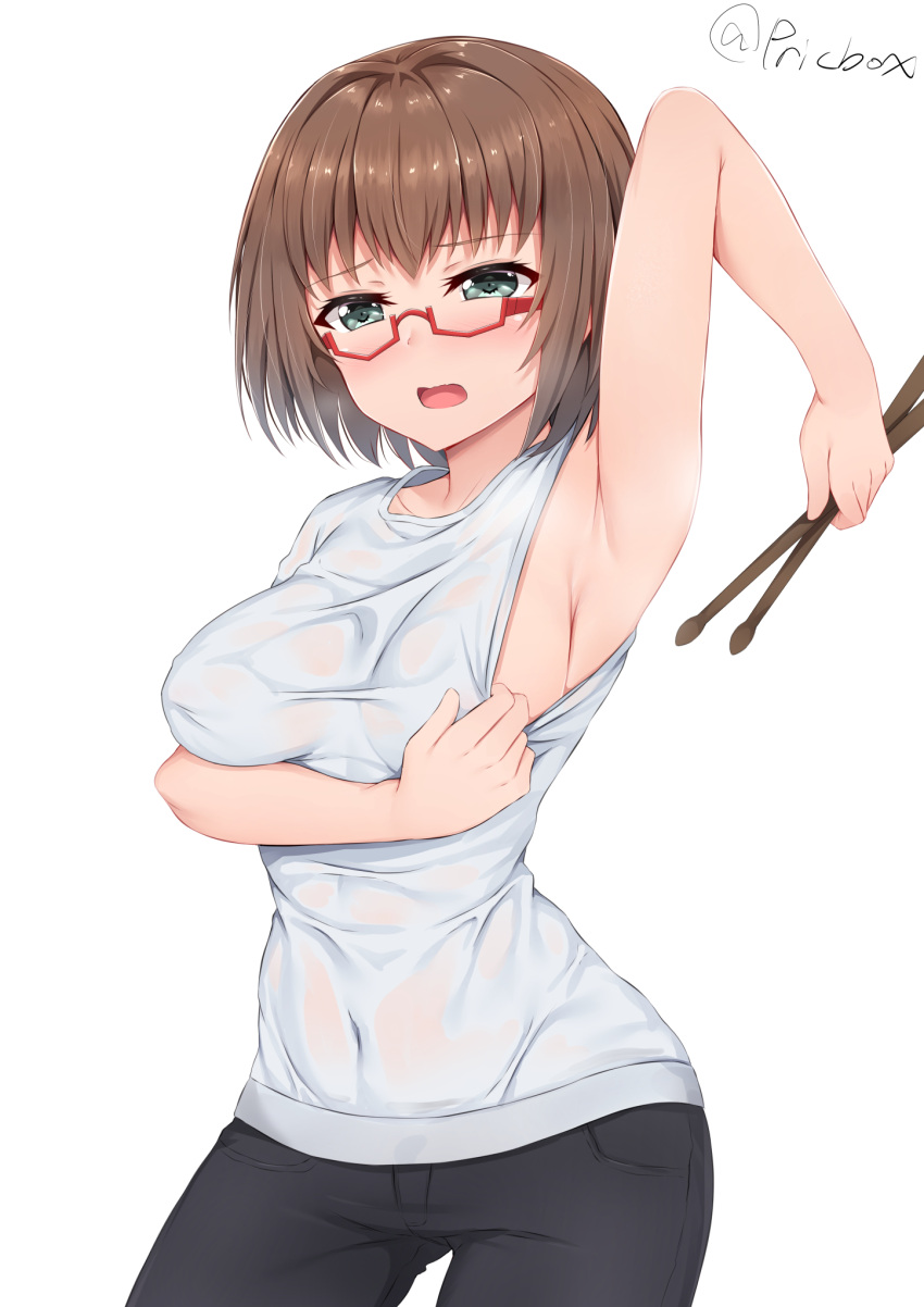 1girl, bang_dream!, bangs, bare_arms, black_legwear, blush, breasts, brown_hair