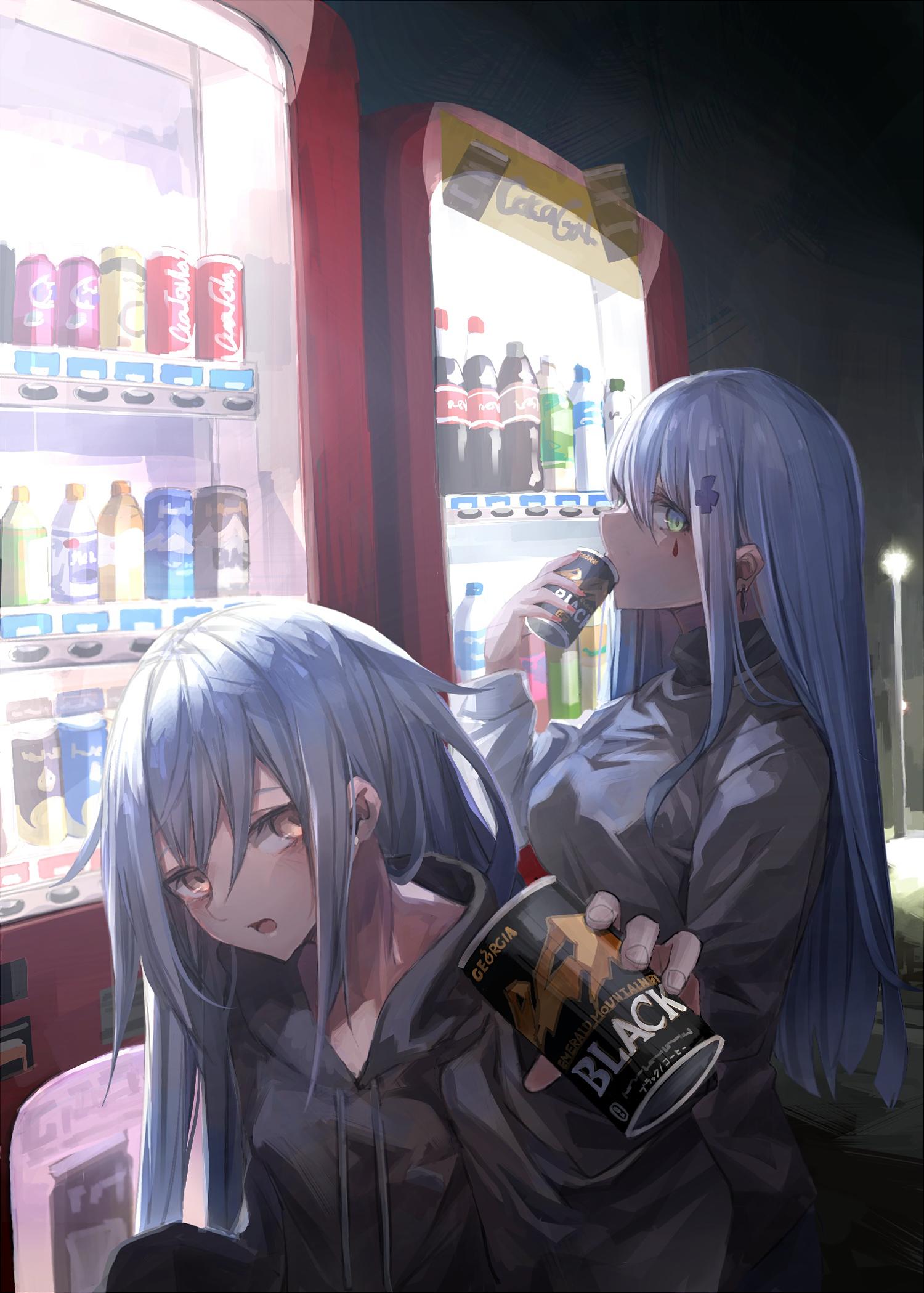 2girls, alternate_costume, can, canned_coffee, coca-cola, commentary_request, drinking, facial_mark, g11_(girls_frontline), georgia_coffee, girls_frontline, highres, hk416_(girls_frontline), hood, hood_down, hooded_jacket, hoodie, jacket, lamppost, looking_at_viewer, miyabino_(miyabi1616), multiple_girls, night, pepsi, pocari_sweat, silver_hair, soda_bottle, soda_can, turtleneck, vending_machine