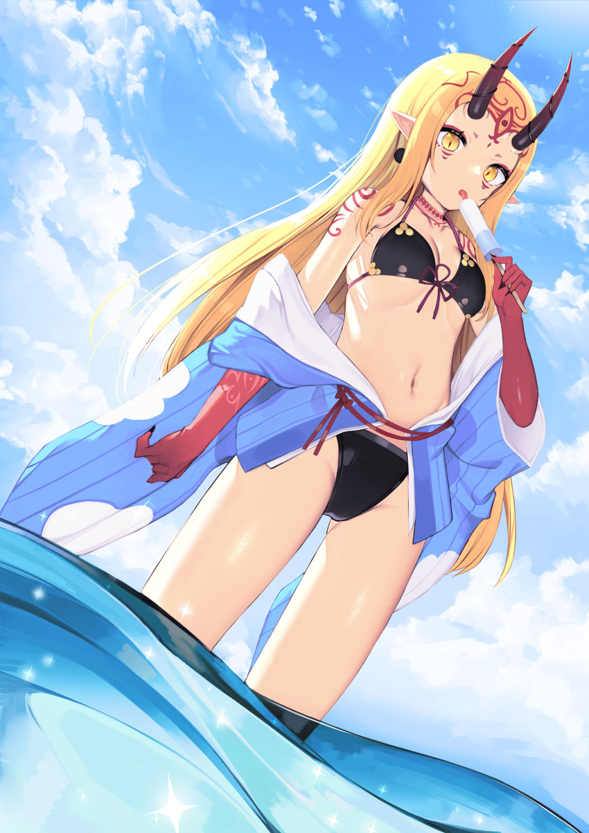 1girl, absurdres, bare_shoulders, bikini, black_bikini, blonde_hair, blue_jacket, blue_sky