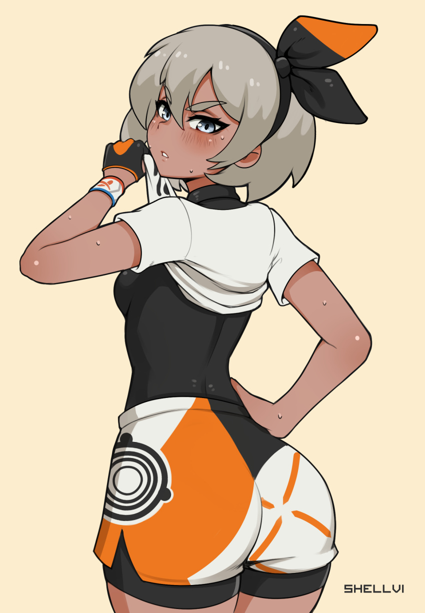 1girl, ass, backboob, blush, breasts, cowboy_shot, dark_skin, from_behind