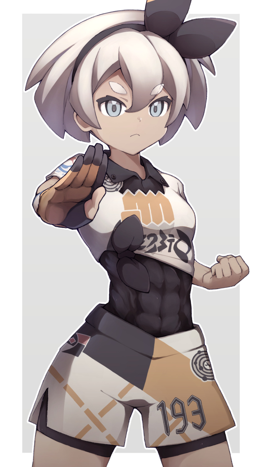 1girl, abs, alenka, blue_eyes, bodysuit_under_clothes, clenched_hand, cowboy_shot, fighting_stance