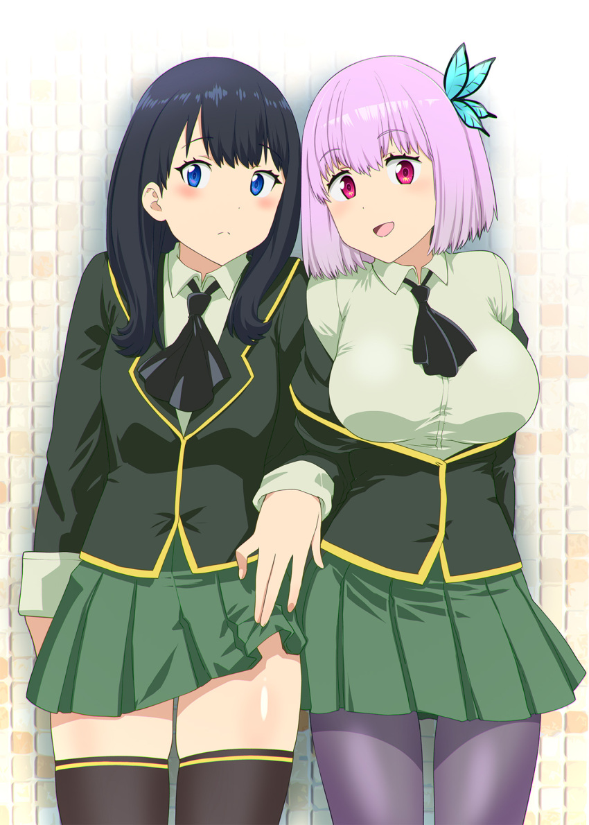 2girls, ascot, bangs, black_hair, black_legwear, black_neckwear, blazer, blue_eyes