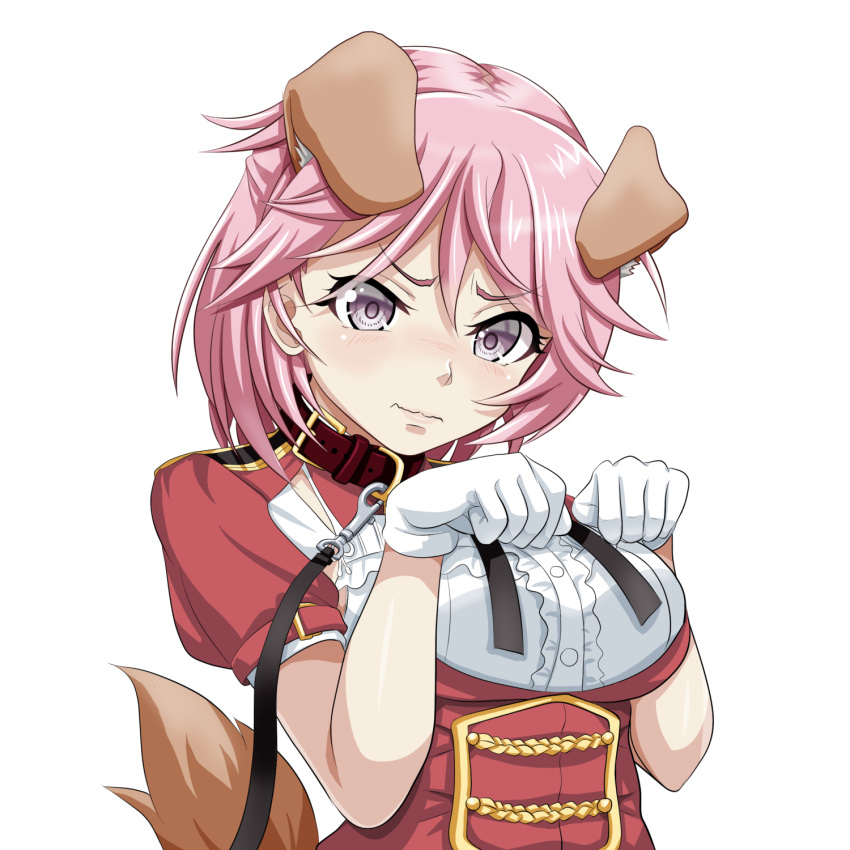 1girl, animal_ears, breasts, collar, dog_ears, dog_tail, frills, giuseppe_garibaldi_(kantai_collection), gloves, hands_up, highres, kantai_collection, lavender_eyes, leash, looking_at_viewer, paw_pose, pink_hair, short_hair, short_sleeves, simple_background, solo, tail, tk8d32, upper_body, wavy_mouth, white_background