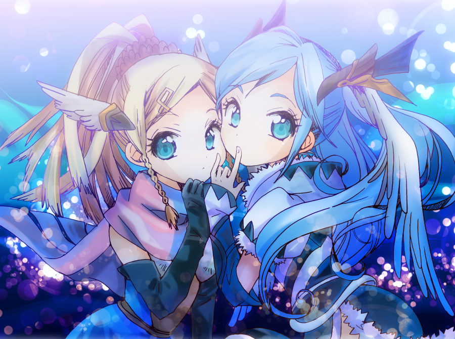 2girls, black_gloves, blonde_hair, blue_background, blue_eyes, blue_hair, braid, elbow_gloves