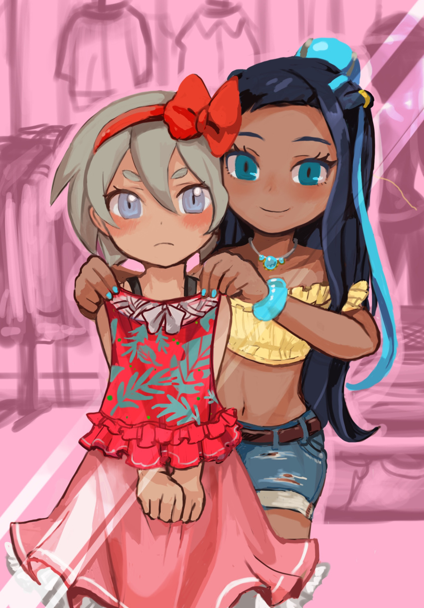 2girls, blush, buchi0122, dark_skin, highres, long_hair, midriff, multiple_girls