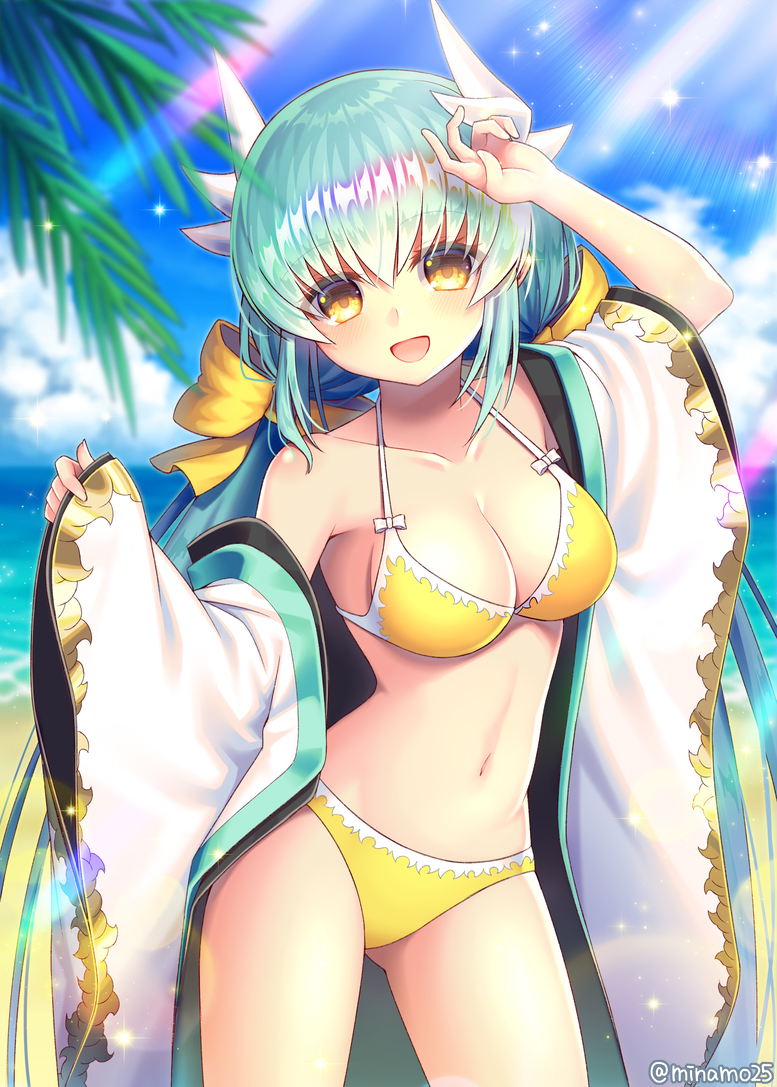 1girl, :d, bikini, blue_sky, breasts, clouds, collarbone, commentary_request