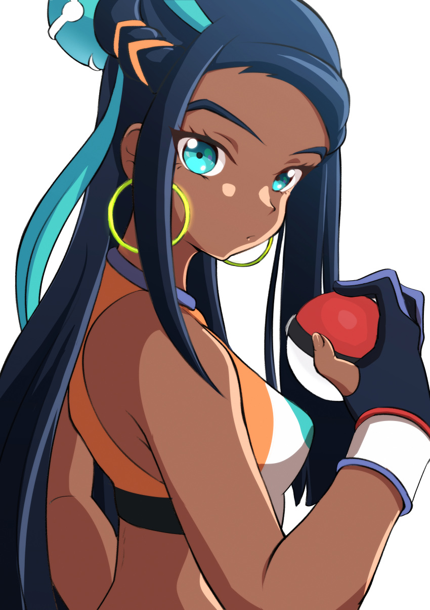 1girl, absurdres, aqua_eyes, aqua_hair, black_gloves, blue_hair, dark_skin, earrings
