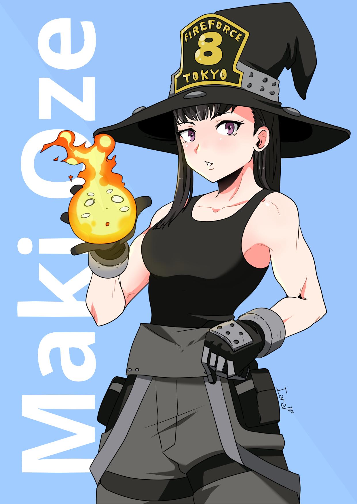 1girl, artist_name, bare_shoulders, black_hair, black_headwear, black_tank_top, blue_background, breasts, character_name, collarbone, commentary, enen_no_shoubotai, fire, highres, holding_flame, iaranaika, looking_at_viewer, maki_oze, muscle, muscular_female, simple_background, solo, standing, tank_top, upper_body, violet_eyes