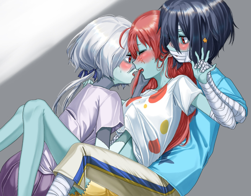 3girls, ahoge, bandages, black_hair, blue_skin, blush, breast_grab, closed_eyes, facial_scar, forehead_scar, girl_sandwich, grabbing, groping, hair_between_eyes, hair_ornament, highres, interlocked_fingers, konno_junko, long_hair, low_twintails, minamoto_sakura, mizuno_ai, multiple_girls, open_mouth, patchwork_skin, red_eyes, redhead, saliva, saliva_trail, sandwiched, scar, seisei_tamago, shirt, short_hair, short_sleeves, side_ponytail, stitches, sweat, t-shirt, twintails, white_hair, yuri, zombie, zombie_land_saga