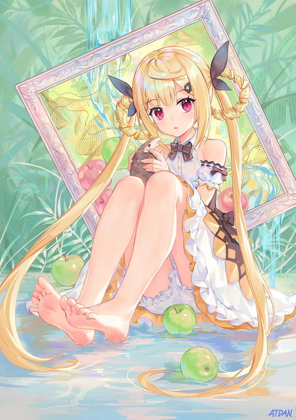 1girl, animal, animal_request, apple, atdan, bangs, bare_shoulders, barefoot