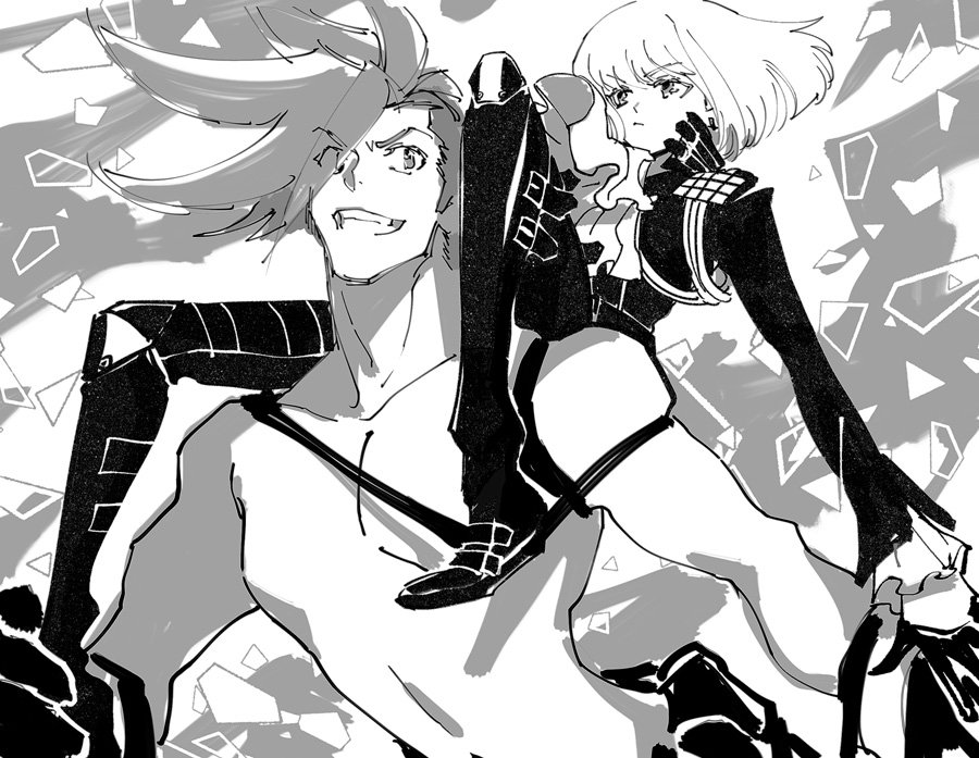 2boys, belt, black_gloves, black_jacket, carrying, chest, cravat, galo_thymos