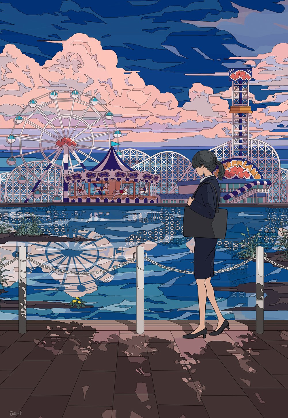 1girl, amusement_park, bag, black_footwear, black_hair, carousel, chain, clouds