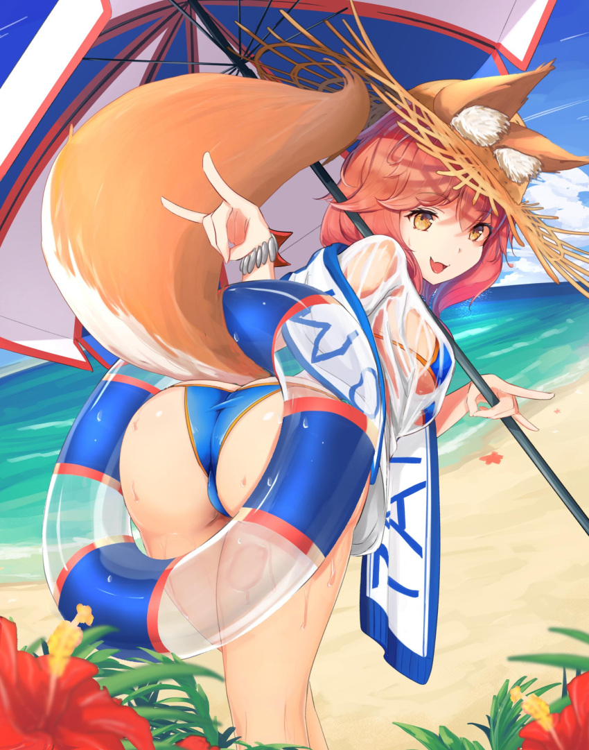 1girl, absurdres, animal_ear_fluff, animal_ears, ass, bangs, beach, beach_umbrella