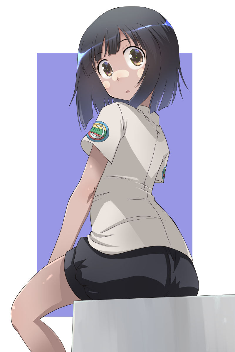 1girl, :o, aung_(girls_und_panzer), bangs, black_hair, black_shorts, blue_background, brown_eyes