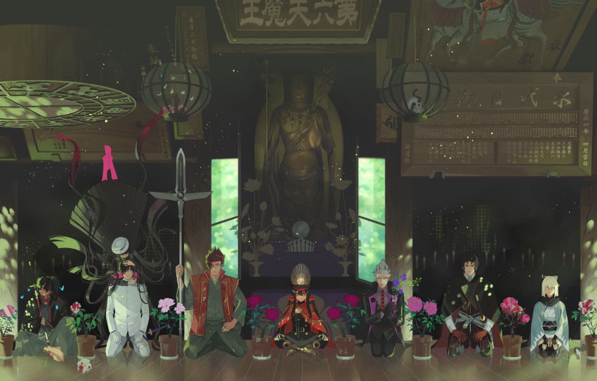 absurdres, akechi_mitsuhide_(fate/grand_order), bangs, black_cape, black_hair, blue_eyes, buddha, buddhism