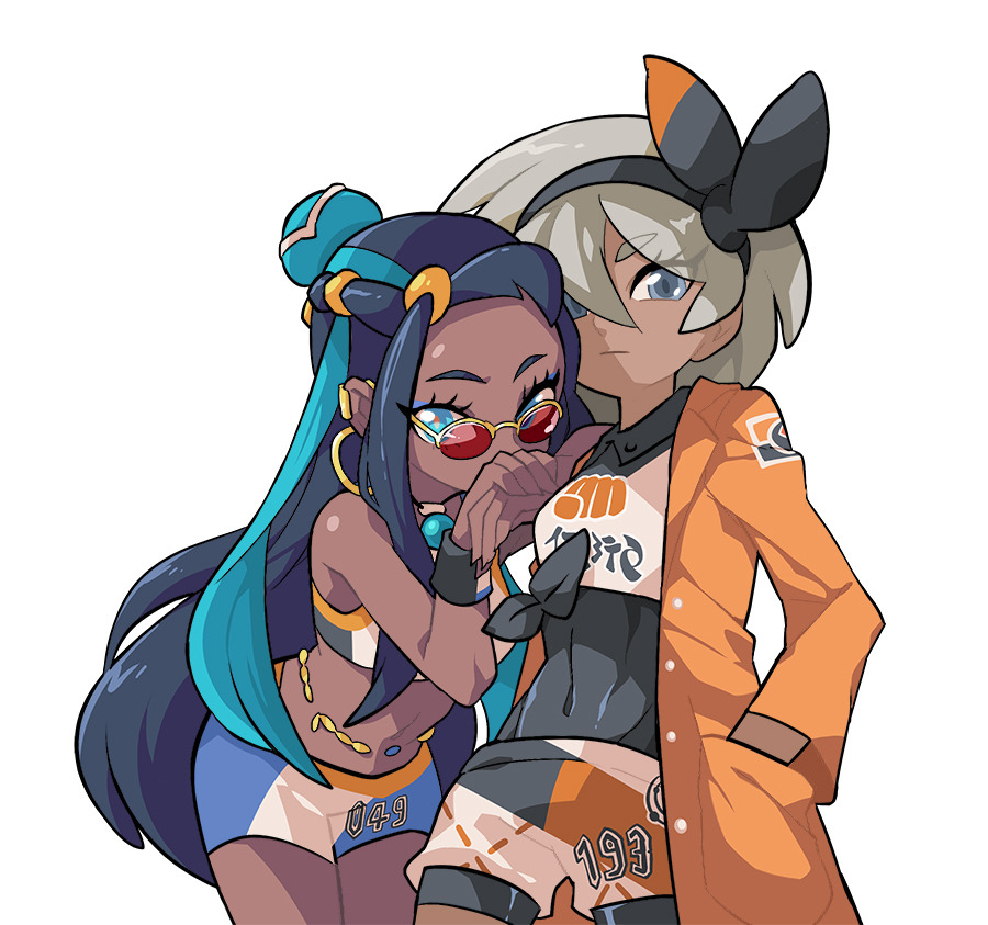 2girls, belly_chain, bodysuit, covered_navel, dark_skin, earrings, eyeliner, grey_eyes, grey_hair, gym_leader, hair_bun, hairband, hoop_earrings, jacket, jewelry, looking_at_viewer, makeup, multicolored_hair, multiple_girls, pokemon, pokemon_(game), pokemon_swsh, rurina_(pokemon), saitou_(pokemon), short_hair, shorts, sportswear, two-tone_hair, wong_ying_chee