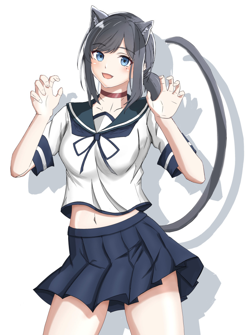 1girl, absurdres, animal_ears, black_hair, blue_eyes, blue_sailor_collar, blue_skirt, cat_ears, cat_tail, commentary_request, cowboy_shot, extra_ears, fubuki_(kantai_collection), highres, kantai_collection, long_hair, looking_at_viewer, low_ponytail, paw_pose, pleated_skirt, ponytail, rynn_(user_rkgs8583), sailor_collar, school_uniform, serafuku, short_ponytail, short_sleeves, sidelocks, simple_background, skirt, smile, solo, tail, white_background