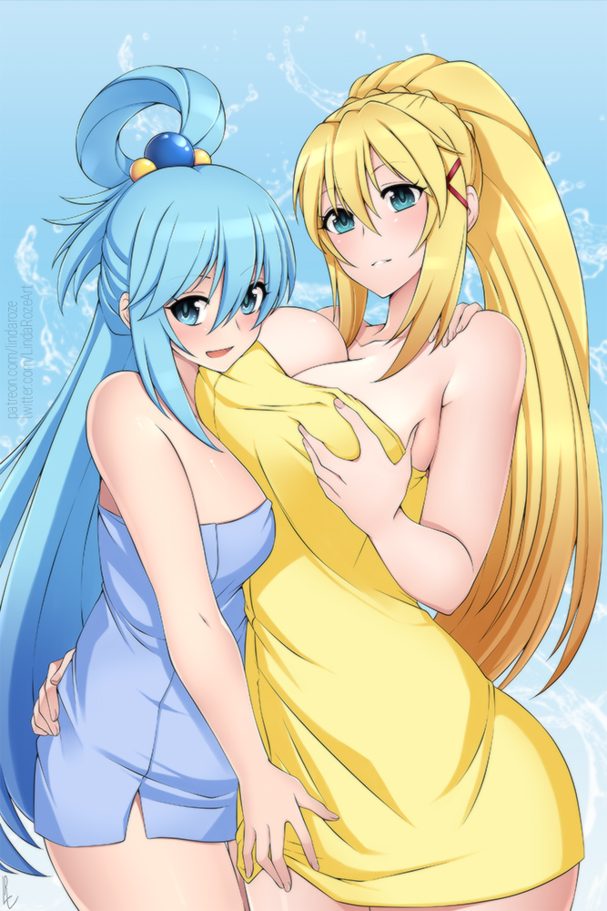 2girls, :d, alina_pegova, aqua_(konosuba), asymmetrical_docking, bangs, bare_shoulders, beads