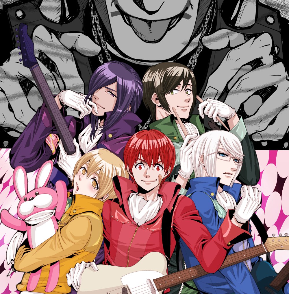 6+boys, arsmagna, ascot, bak_witt, bandaid, bandaid_on_face, bangs, blonde_hair