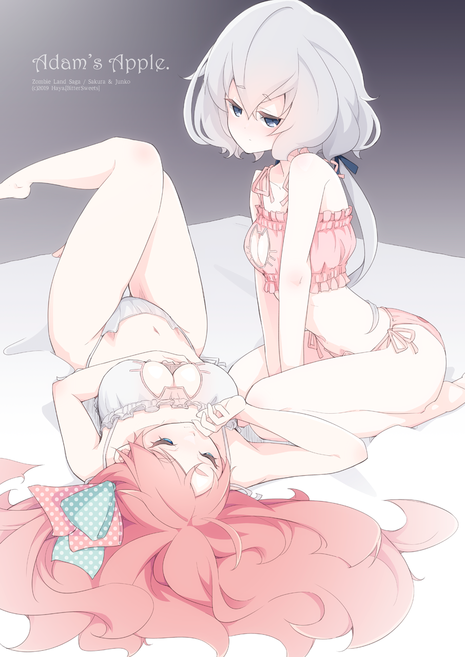 2girls, blue_eyes, bow, bra, cat_cutout, cat_ear_panties, cat_lingerie, cleavage_cutout, commentary_request, frilled_bra, frills, grey_eyes, grey_hair, haya_bs, highres, knees_up, konno_junko, low_twintails, lying, meme_attire, minamoto_sakura, multiple_girls, on_back, on_bed, panties, pink_hair, polka_dot, polka_dot_bow, redhead, ribbon, seiza, side-tie_panties, side_ponytail, sitting, twintails, underwear, underwear_only, zombie_land_saga