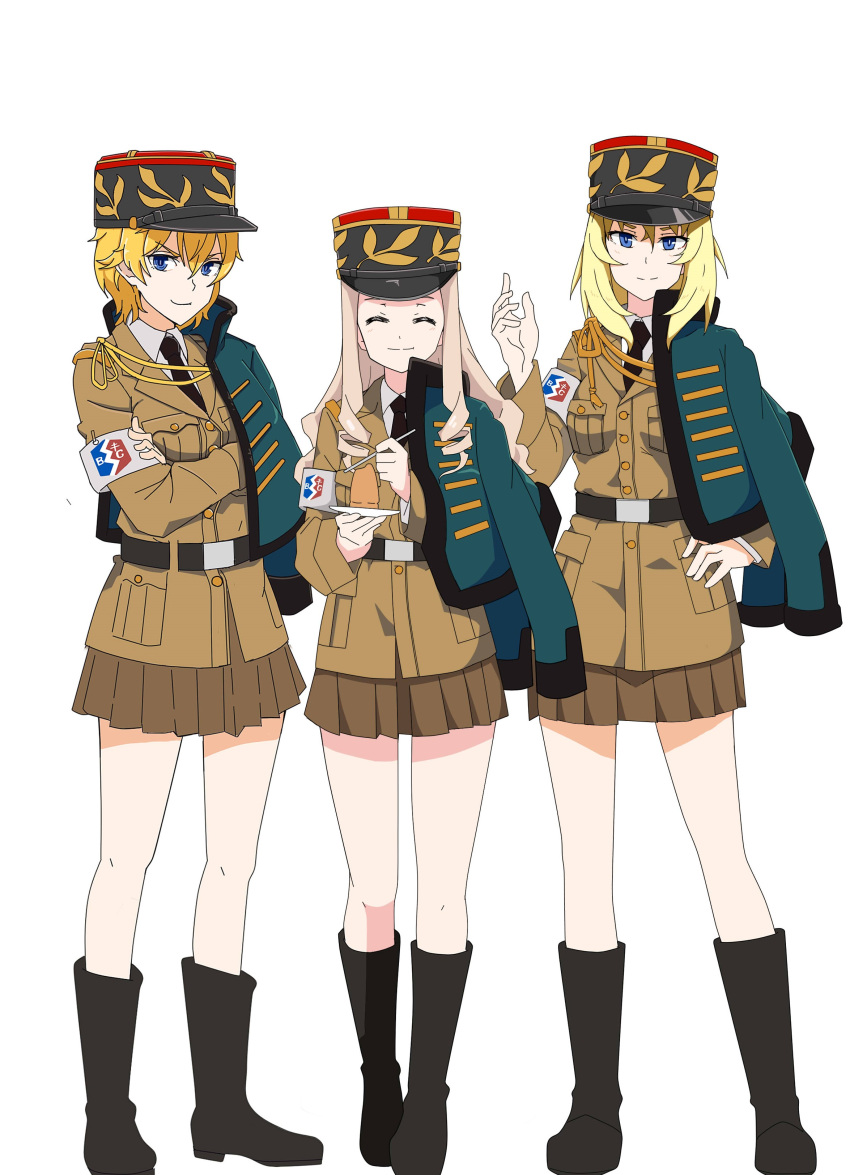 3girls, absurdres, aiguillette, armband, asparagus_(girls_und_panzer), bc_freedom_military_uniform, belt, black_belt