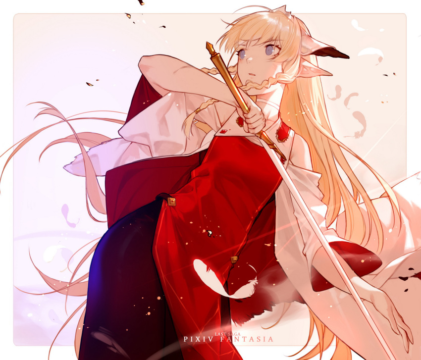 1girl, black_skirt, blonde_hair, blue_eyes, braid, copyright_name, detached_sleeves, dress, falia_the_queen_of_the_mountains, feathers, highres, holding, holding_sword, holding_weapon, joseph_lee, long_hair, looking_afar, pixiv_fantasia, pixiv_fantasia_last_saga, pointy_ears, red_dress, sidelocks, simple_background, skirt, solo, standing, sword, twin_braids, very_long_hair, weapon, wide_sleeves
