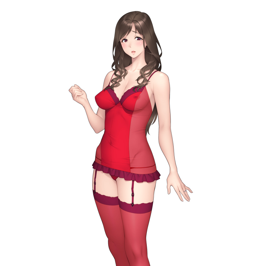 1girl, blush, brown_hair, bubuzuke, covered_nipples, forearms_at_chest, garter_straps, highres, jewelry, kimijima_yayoi, lingerie, long_hair, looking_at_viewer, official_art, otto_no_inu_aida_ni..._~watashi_odosarete_anata_ni_ienai_koto_shimashita~, red_eyes, red_legwear, ring, solo, thigh-highs, transparent_background, underwear